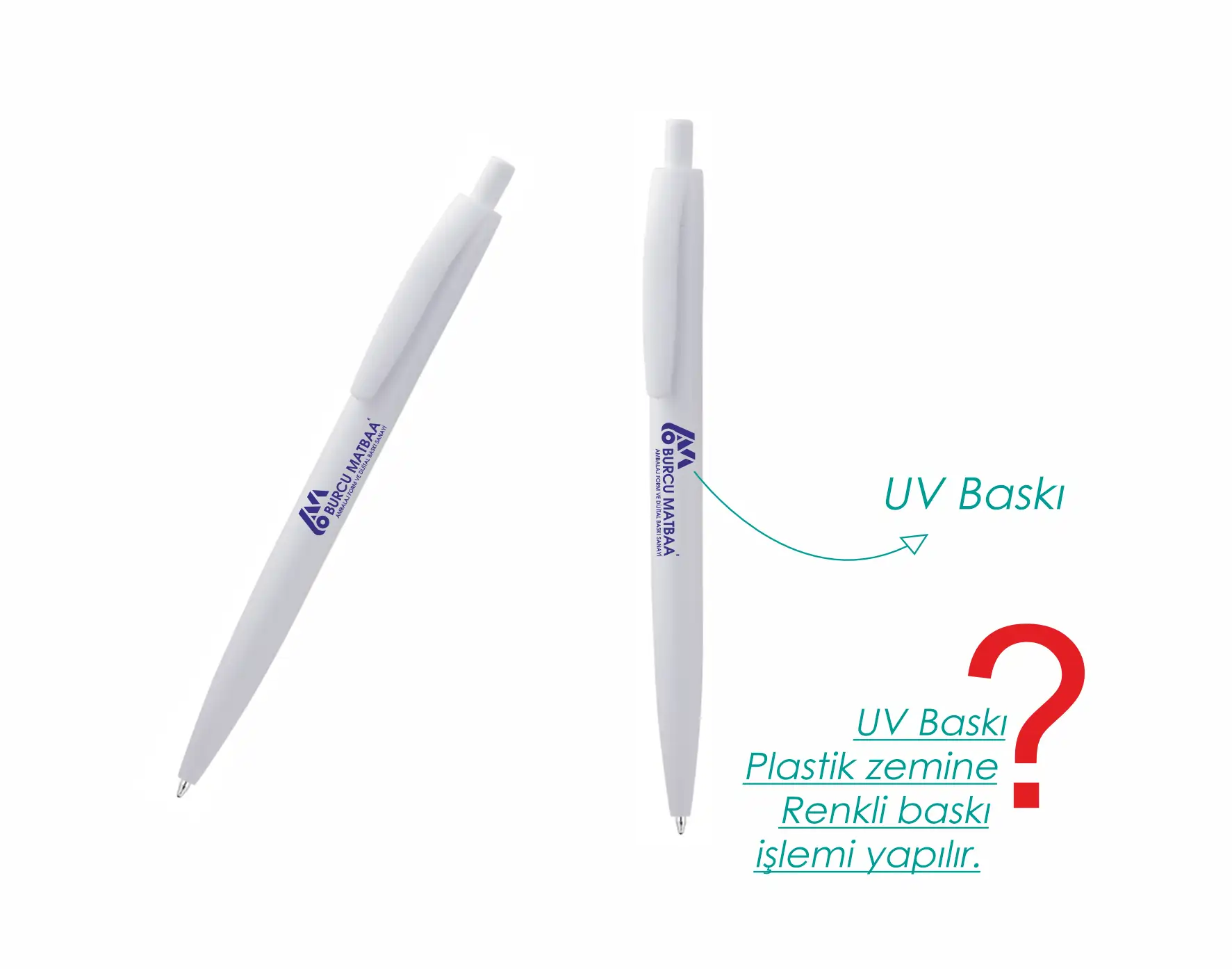 Beyaz plastik tükenmez kalem Creed modeli, promosyon baskılı kalem olarak UV baskı renkli üretilir.