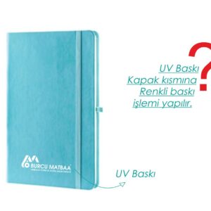 9x14 cm turkuaz termo deri defter UV baskı örneği – kurumsal logo