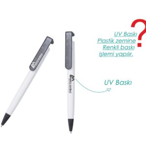 Beyaz Gemini Tükenmez Kalem – Telefon tutuculu, basmalı