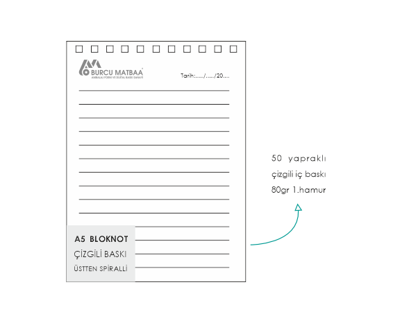 A5 çizgili spiralli bloknot örneği