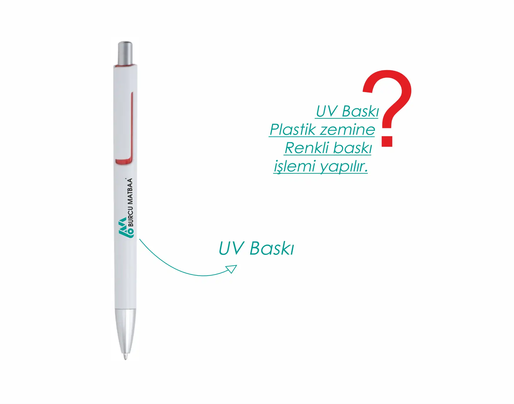 Kırmızı tokalı Basmalı Tükenmez Kalem – Renkli, metal klipsli, UV baskılı