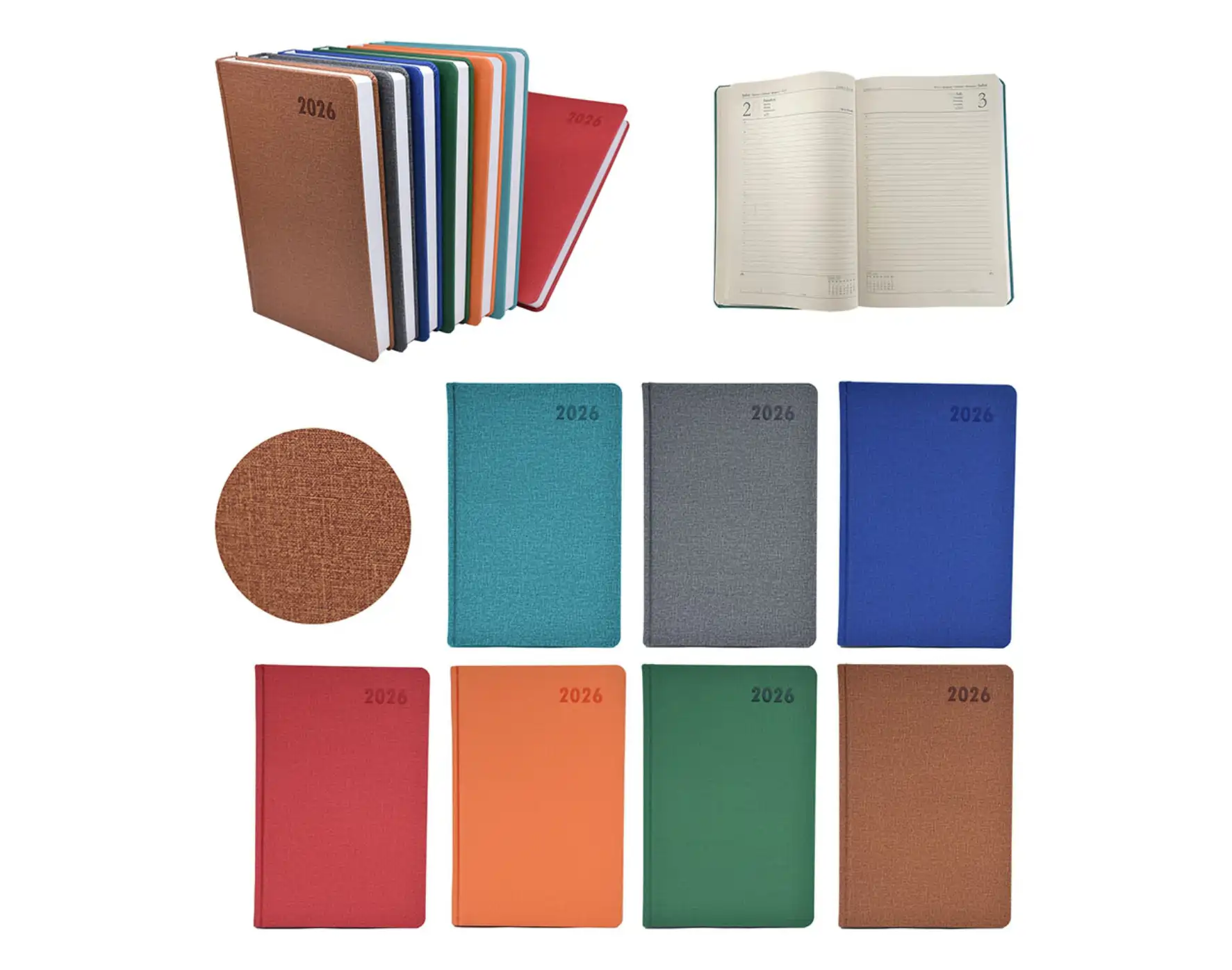 2026 yılına özel ajanda koleksiyonu; farklı renk ve kapak dokularıyla iç sayfa örneği