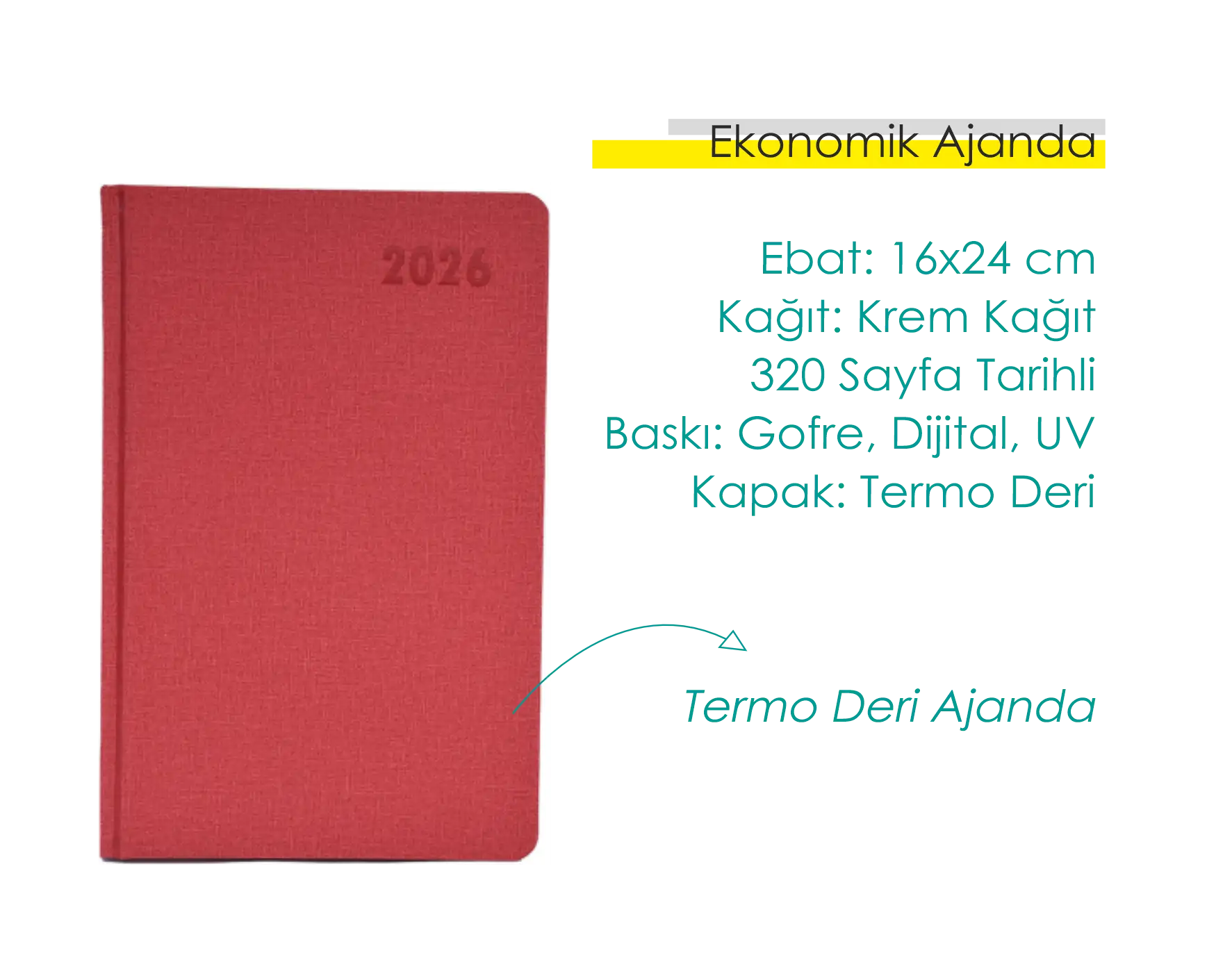 2026 tarihli kırmızı ekonomik ajanda; termo deri kapaklı, baskı seçenekli
