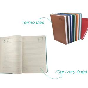 2026 termo deri ajandalar; renkli kapaklar ve ivory iç sayfa örneği