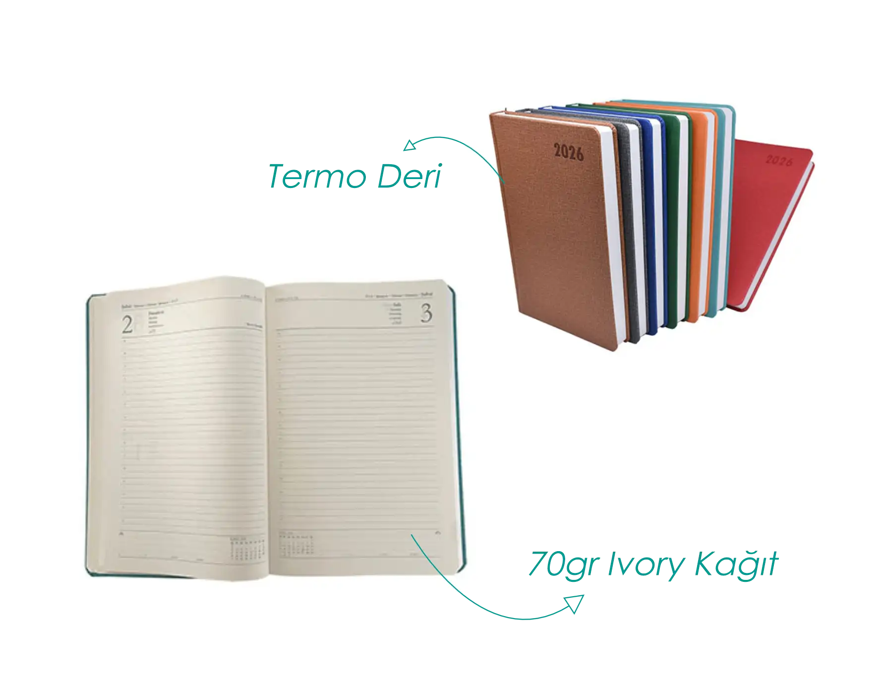 2026 termo deri ajandalar; renkli kapaklar ve ivory iç sayfa örneği