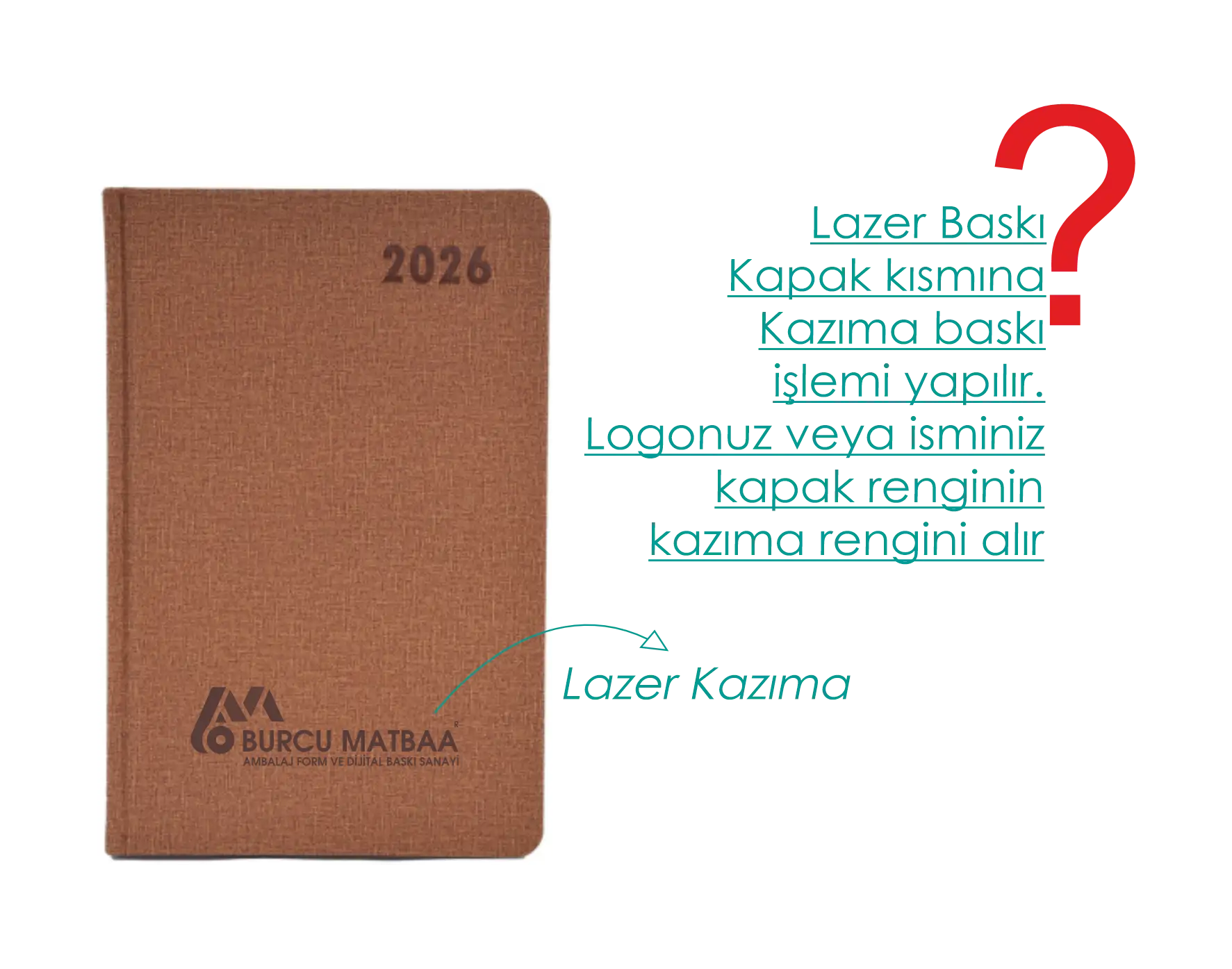 2026 tarihli kahverengi ajanda kapağında lazer kazıma baskı örneği