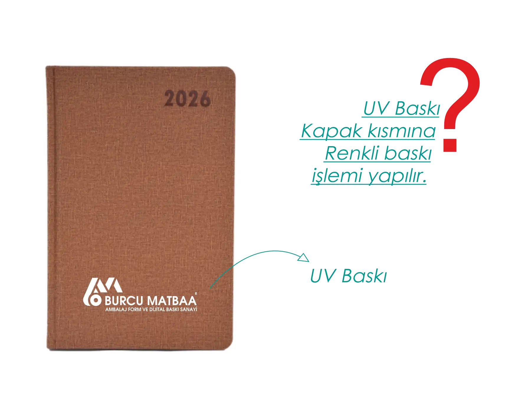 2026 tarihli kahverengi ajanda kapağında UV baskı uygulaması örneği