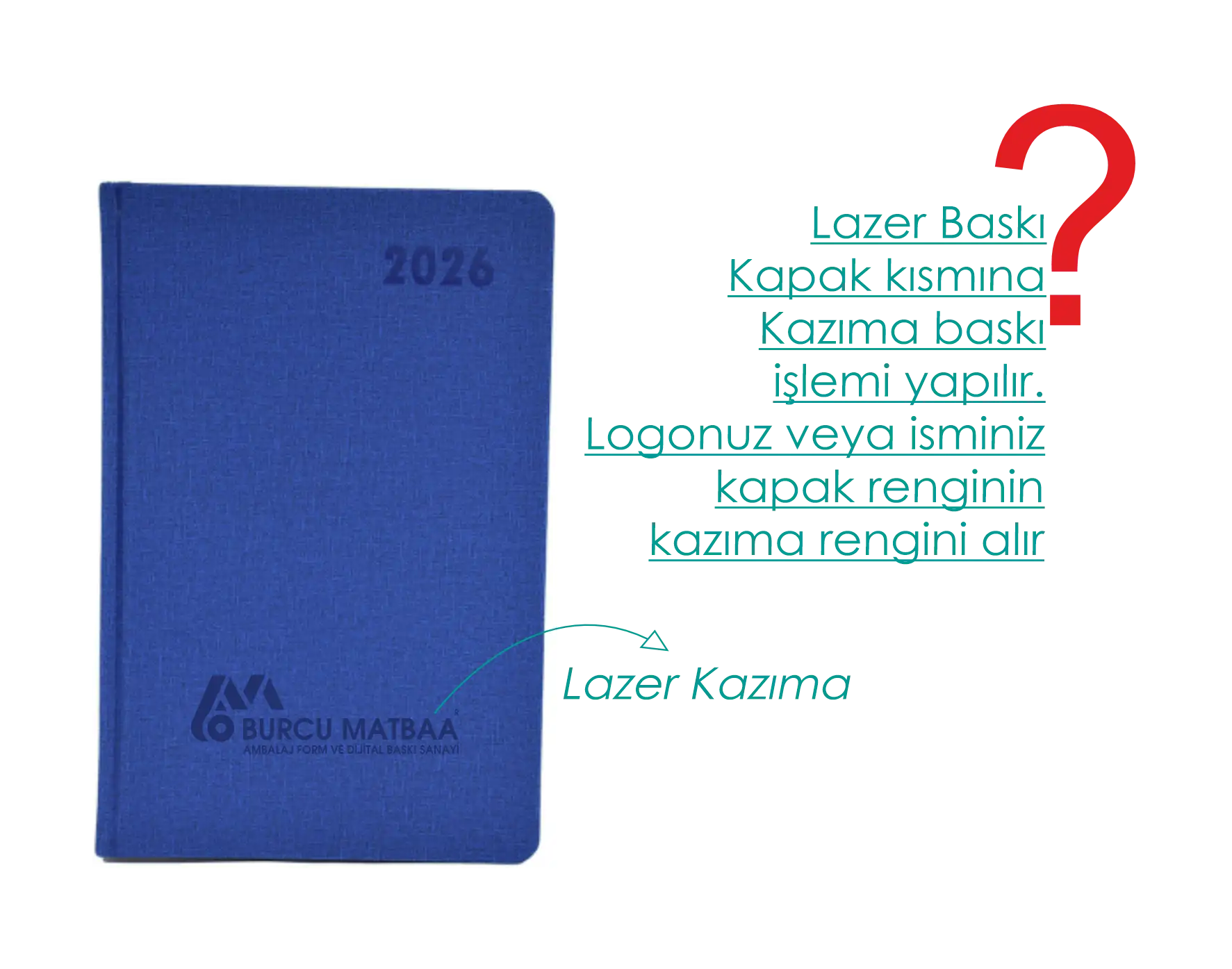 2026 tarihli mavi ajanda kapağında lazer kazıma baskı uygulaması örneği