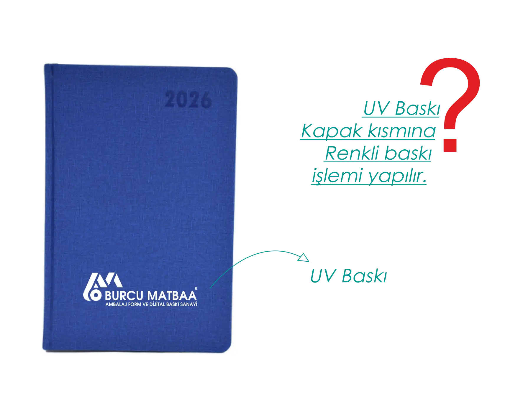 2026 tarihli mavi ajanda kapağında UV baskı uygulaması örneği